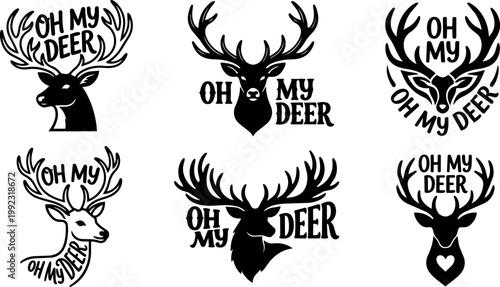 Black and white oh my deer head silhouette with antlers and text vector art