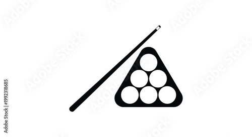 A minimalist depiction of a billiard cue positioned near a triangular rack of pool balls silhouette high quality professional