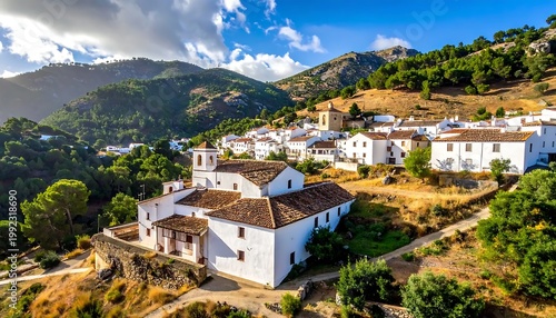 Traditional Spanish White Village Architecture Nestled In Green Sierra De Grazalema Mountains Under A Bright Blue Sunny