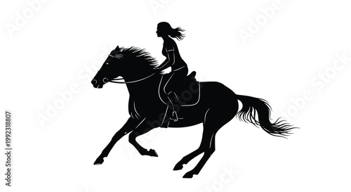 Silhouette of a woman gracefully riding a galloping horse with wind blowing through her hair