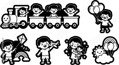 Black and white children playing with train kite airplane doll balloons and rainbow vector art