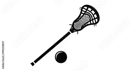 A striking black silhouette displays a lacrosse stick and ball showcasing equipment used in the dynamic sport of lacrosse silhouette