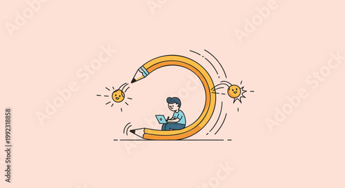 Creative businesswoman, laptop user, yellow pencil, inspiration concept, vector illustration
