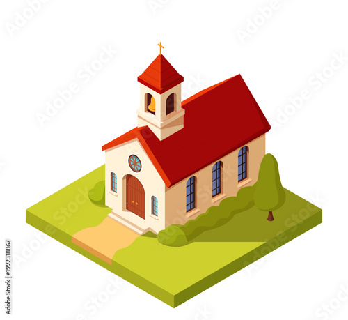 Cartoon isometric Catholic church with a bell tower on a lawn with bushes and trees, vector illustration