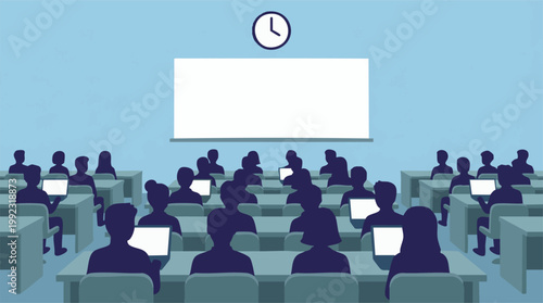 Students in a classroom working on laptops with a blank screen and clock
