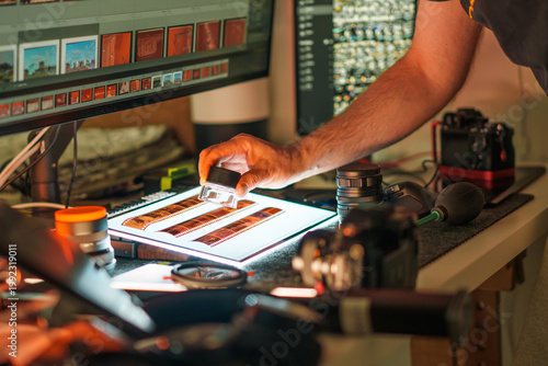 Photographer film strips loupe light table