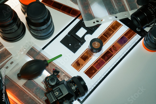 Top view analog film strips magnifying loupe light table