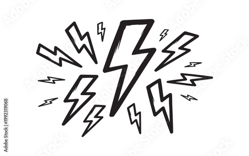 A dynamic collection of hand drawn lightning bolts and jagged flashes perfect for design work on transparent background silhouette