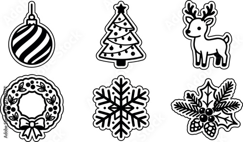 Black and white christmas tree reindeer wreath snowflake holly icons line art