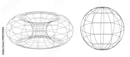 Wireframe sphere and torus shapes with geometric grid lines. Abstract 3D mesh objects for tech visualization and digital design. Minimal line structure elements for modeling, UI, and infographic use.