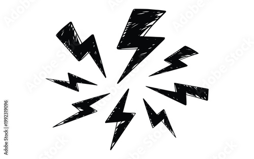 A dynamic arrangement of hand drawn lightning bolts emanating from a central point on transparent background silhouette high quality professional