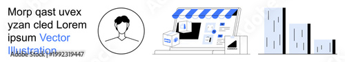 Online shopping, user experience, urban development, digital identity, retail services, data management. Storefront with products, user profile and cityscape. Online shopping and user experience