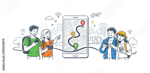 City exploration digital navigation concept featuring travelers using mobile devices to explore a modern city environment, with a smartphone map and a single path line as