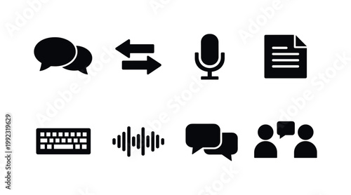 Language communication: speech bubble, chat bubbles, translation arrows, microphone, text document, keyboard, voice waveform, dialogue icon.