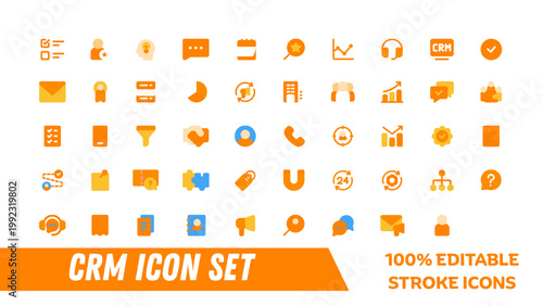 A set of editable CRM icons in a modern flat design style