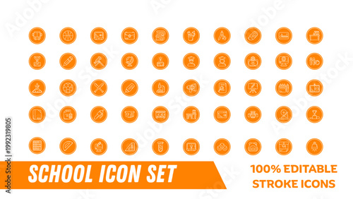 A set of orange school icons in a vector graphic design