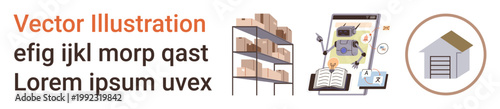Supply chain, robotics, inventory management, warehouse storage, logistics, automation technology. Includes shelves, robot on a digital screen inventory book warehouse building. Supply chain