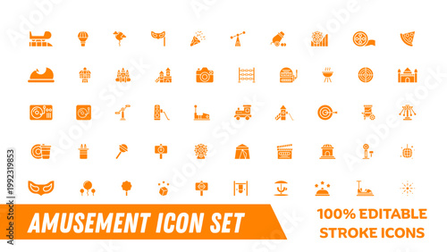 A vibrant collection of editable amusement icons in a modern flat design style