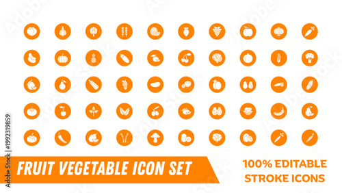 A vibrant set of editable fruit and vegetable icons in orange and white