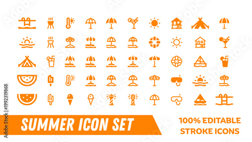 A vibrant summer icon set featuring various editable stroke illustrations