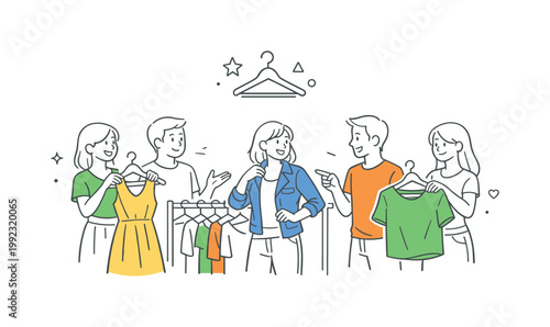 A retail decision-making scenario where customers choose outfits based on style and preference in a store environment, shown through a small group interacting near a