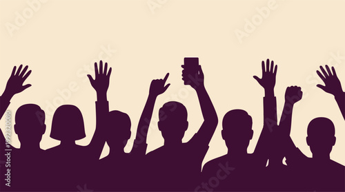 Silhouettes of people raising hands, gesturing, and holding a smartphone