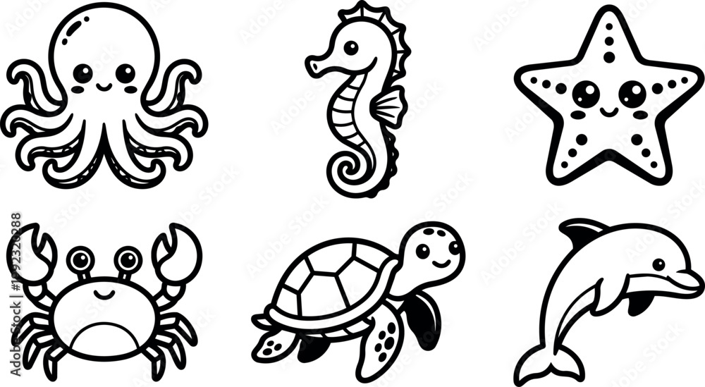 Fototapeta premium Cute black and white line art sea creatures octopus seahorse starfish crab turtle dolphin