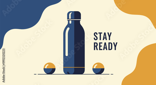 Vector motivational sports bottle, stay ready phrase, fitness hydration icon, blue and yellow design elements