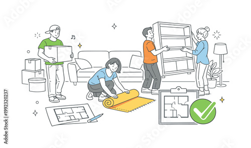 Furniture moving new home scenario showing individuals setting up furniture and organizing a fresh living space together, with a floor plan and a single checkmark symbol
