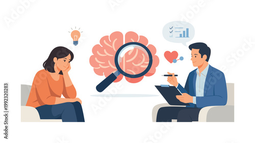 Cognitive evaluation scene where an individual reflects on mental processes or receives analytical feedback, emphasizing awareness, learning, and emotional intelligence,