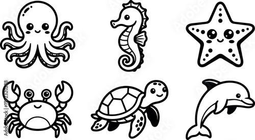 Cute black and white line art sea creatures octopus seahorse starfish crab turtle dolphin