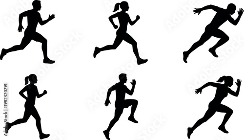 Silhouettes of men and women running in various sprint and jogging poses