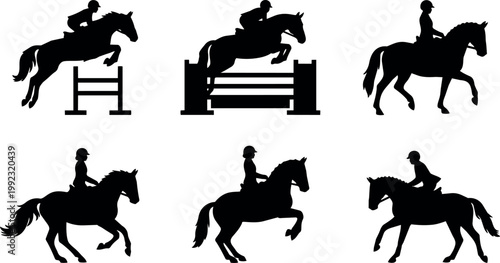 Black silhouette horse jumping riding and walking equestrian vector art