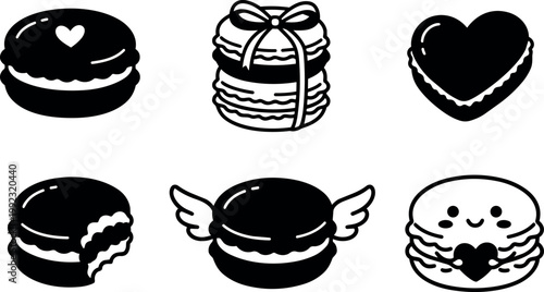 Black and white macaron icons with hearts wings and bow vector art