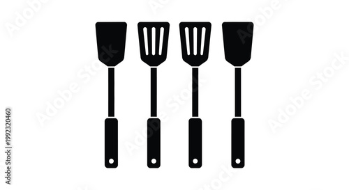 A collection of four black spatulas are displayed in a simple minimalist arrangement presented as a silhouette high quality