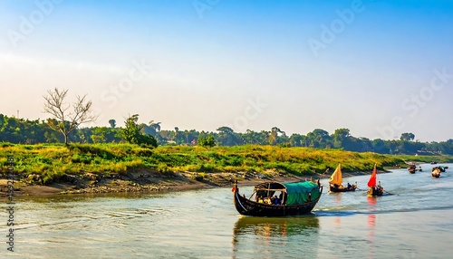 Traditional Wooden Boats Sailing On A Tropical River Under A Clear Blue With Lush Green Banks In South Asia