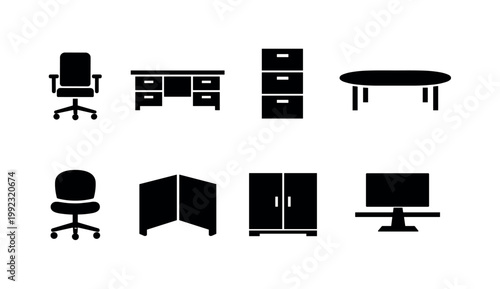 Office furniture set: office chair, desk, filing cabinet, conference table, swivel chair, cubicle partition, storage cabinet, monitor stand.