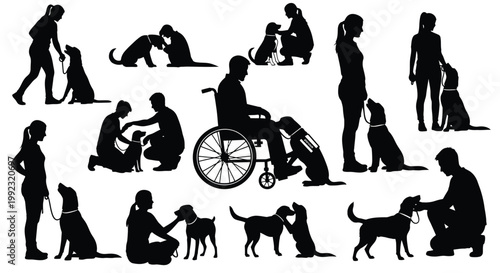 A collection of black silhouette illustrations showcasing various people interacting with their loyal service and companion dogs