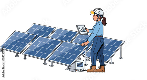A focused female engineer wearing a white safety helmet and protective goggles uses a digital tablet to analyze performance data from a solar panel array.