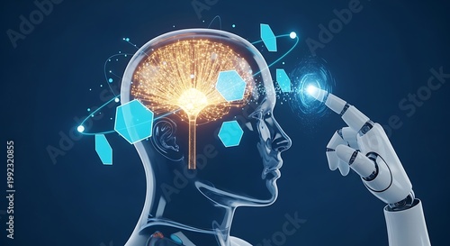 Robot hand touching transparent head with glowing brain and digital connections symbolising artificial intelligence, machine learning, consciousness and innovation.