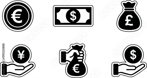 Black and white currency symbols euro dollar pound yen icons in hand and money bag