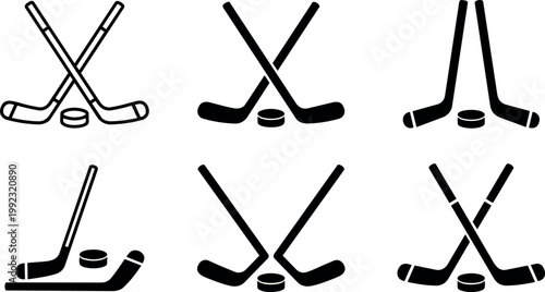 Black hockey sticks and puck icon collection flat design