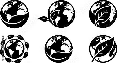 Black and white earth globe with leaf nature protection vector icons