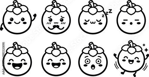 Black and white mangosteen fruit emoji faces with varied emotions vector art