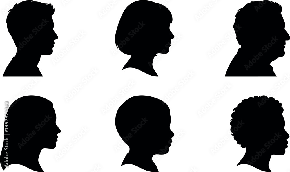 Fototapeta premium Silhouettes of diverse male and female human heads in profile vector art