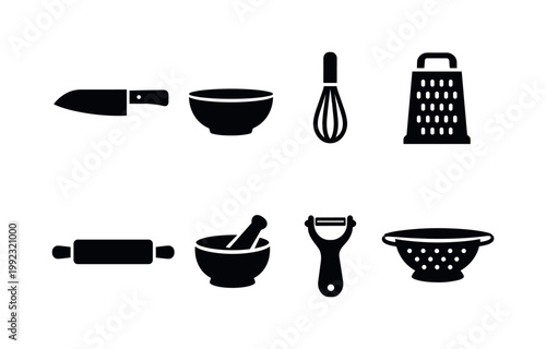 Food preparation: chopping knife, mixing bowl, whisk, grater, rolling pin, mortar and pestle, peeler, colander.