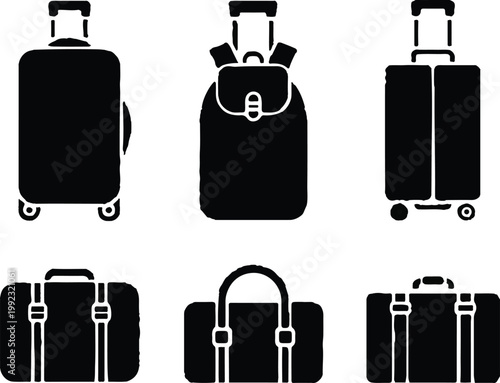 A collection of black and white icons depicting various types of luggage and travel bags