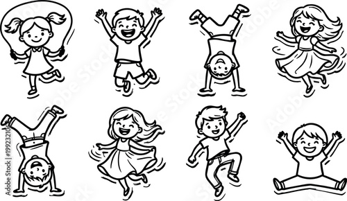 Happy children playing jumping and skipping rope