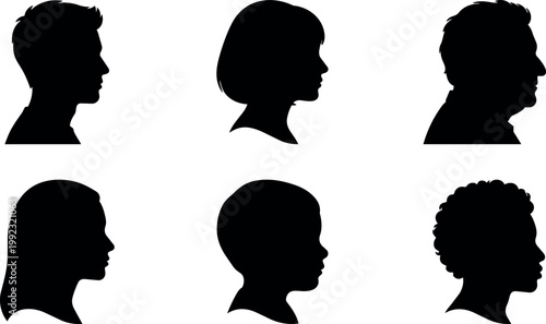 Silhouettes of diverse male and female human heads in profile vector art
