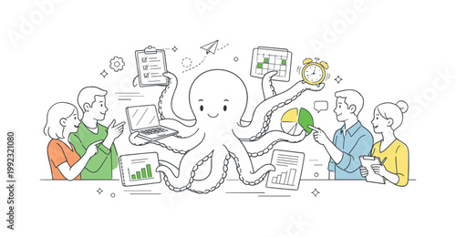 Team collaboration and problem solving in a business environment where a group of professionals coordinate complex tasks, visualized through an octopus at the center